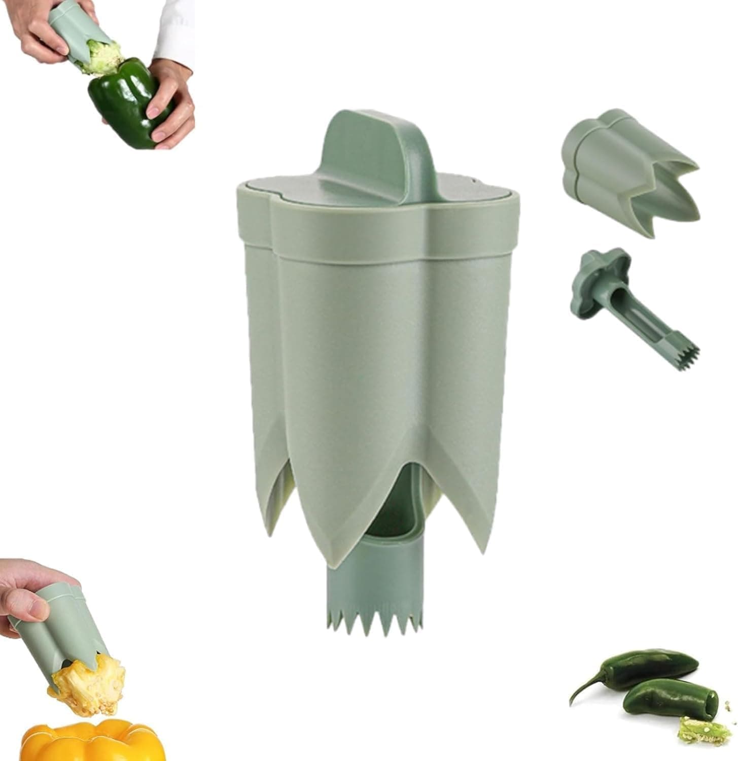 2-in-1 Fruit Pepper Corer, Pepper Corer Seed Remover Tool, Pepper Seed Corer Remover, Quick Core Pepper Corer, Chili Corer, Fruit & Vegetable Quick Corer and Cave Tools (Green)