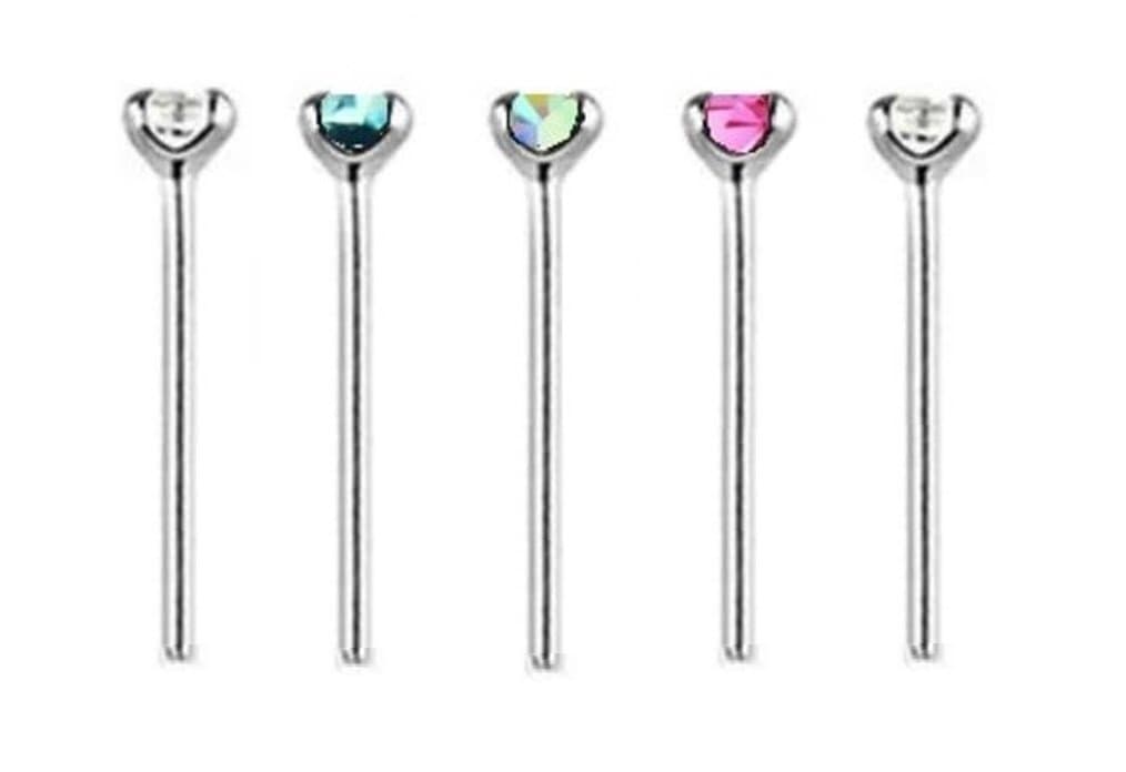 Mixed Colour Crystals PACK OF 5 STERLING SILVER Thin 0.6mm Bar BEND TO FIT Nose Studs CHOOSE CRYSTAL SIZE: 1.2mm, 1.5mm, 2mm or 2.5mm
