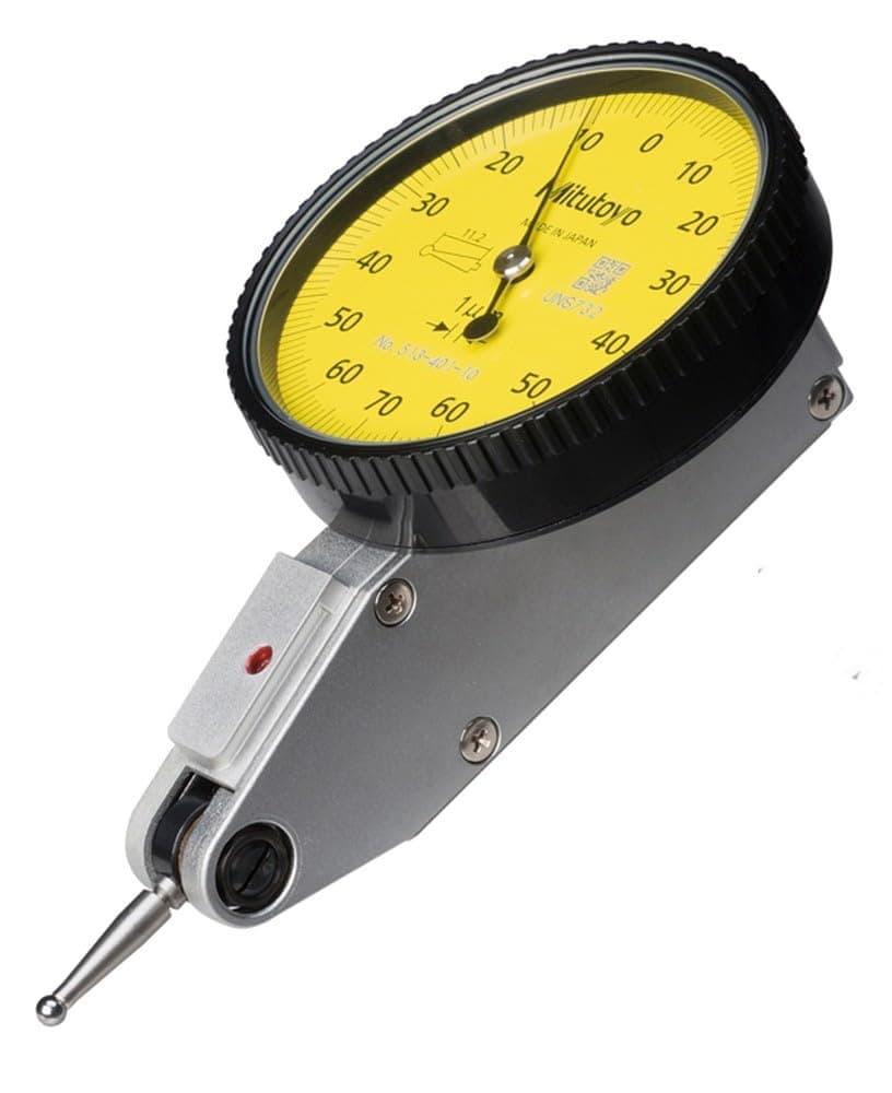 Mitutoyo 513-401-10E Dial Test Indicator, 0.14 mm Range, 0.001 mm Graduation, 1 µm Accuracy, Yellow Dial, Printed Contact Length, Scratch-Resistant Crystal, Impact-Resistant, Inspection Certificate