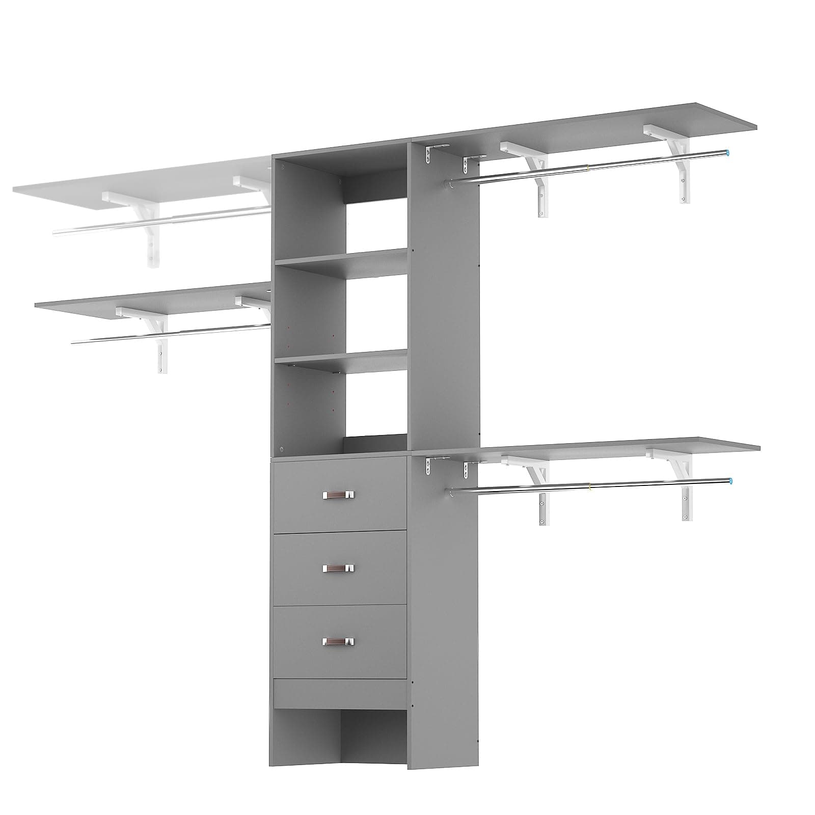 8FT Closet System, 96'' Closet Organizer System with 3 Hanging Rods, Wall Mount Bedroom Wardrobe with 3 Drawers Walk-in Closet, Adjustable Cloth Garment Rack from 5 to 8FT (Cut to Fit), Grey