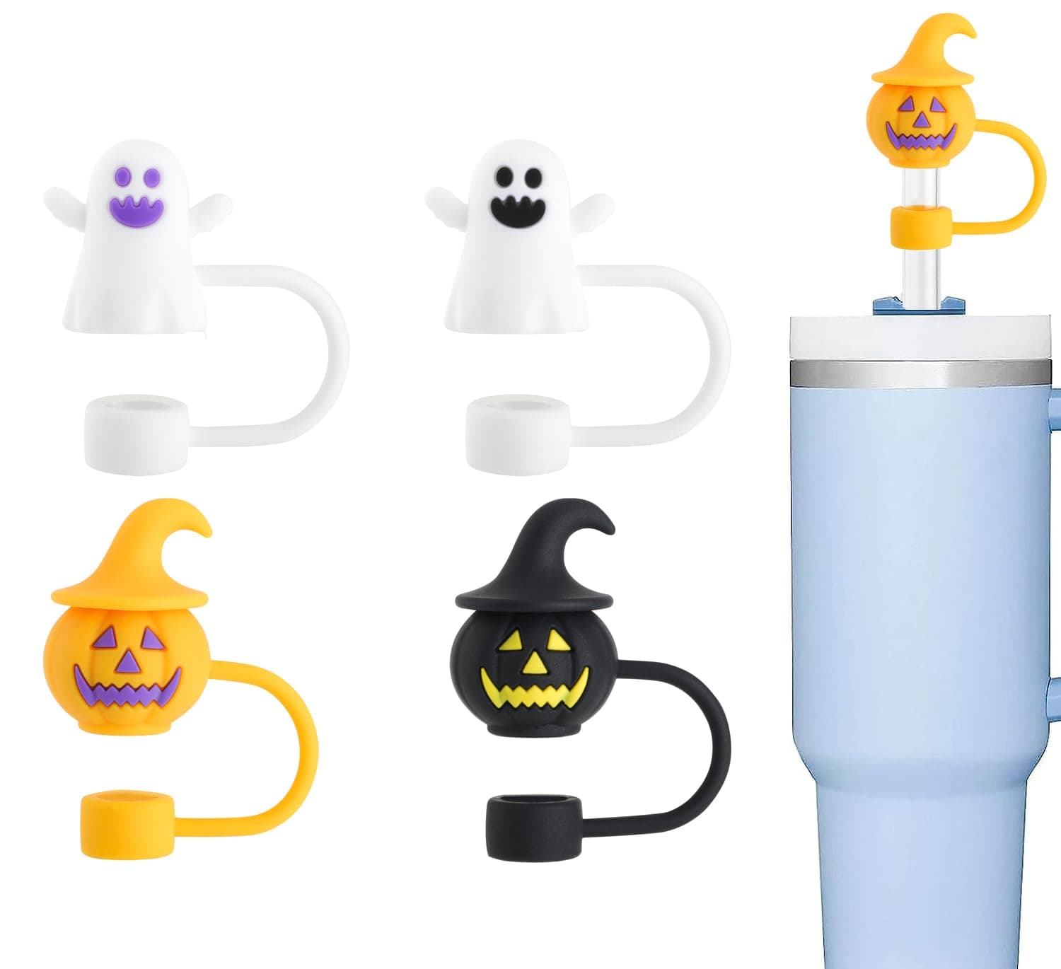 8-10mm Stanley Straw Covers, Compatible with Stanley H2.0/1.0 Tumbler Cups All OZ, and Others 8-10 mm Straw, Dust-Proof Reusable Straw Topper Caps for Stanley Cups Accessories【4 Pack Halloween Party】