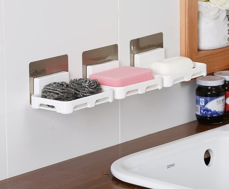Satpurush 4 Pack Wall Mounted Bathroom Shelf Organizer, 2 Shelf + 2 Soap Dish, Modern Style, White, Plastic, Super Adhesive, Water Resistant