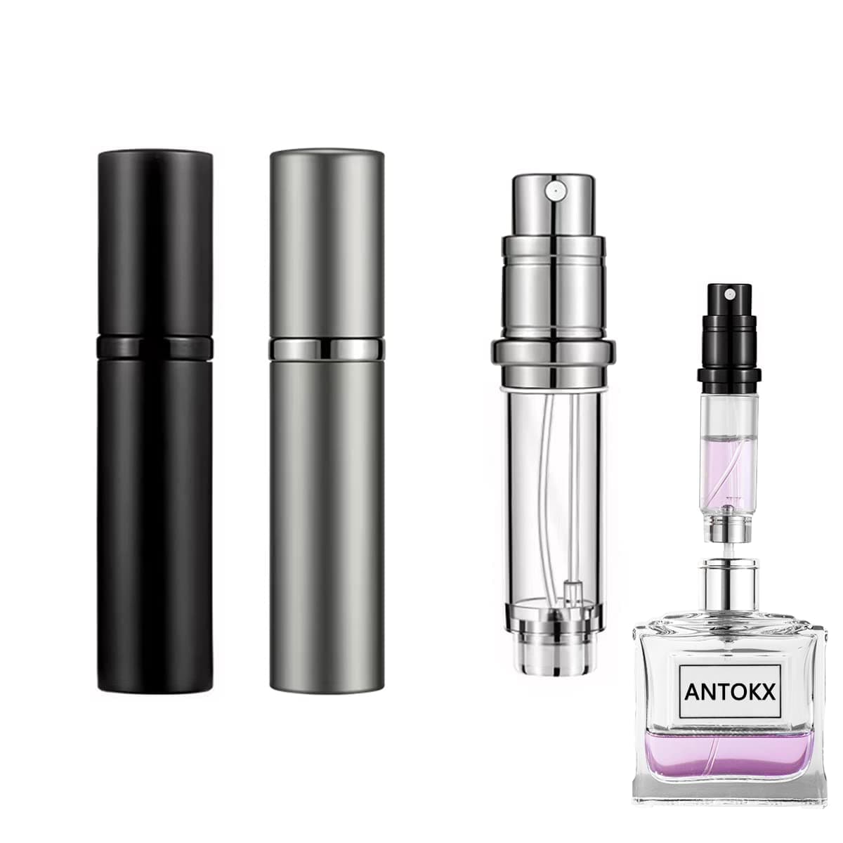 Travel Perfume Refillable Bottle Atomiser - 2-Pack 5ML Perfume Atomiser, Pocket Perfume Dispenser, Scent Pump Case, Leakproof Portable Perfume Sprayer for Women and Men (Black & Grey)