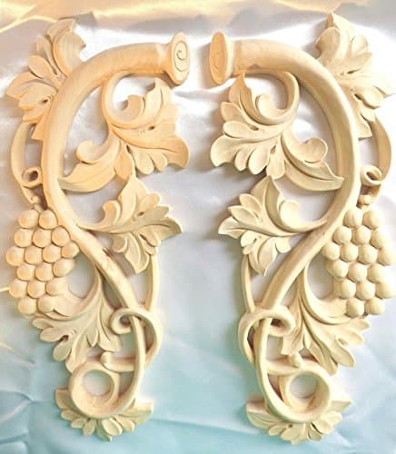 13-1/2"H X 5-3/4"W X 3/4"TH Hand Carved Red Oak Grape Onlay Corbel Applique (Pair L&R)
