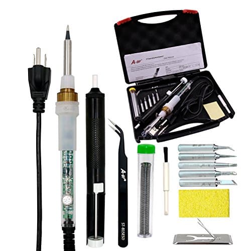 9-in-1 Soldering Iron Kit, A-BF BF-836 60W 110V Adjustable Temperature Soldering Iron Gun with Carry Case, 5pcs Solder Tips, Solder Wire,Desoldering Pump, Anti-static Tweezers, Sponge, Stand and Brush