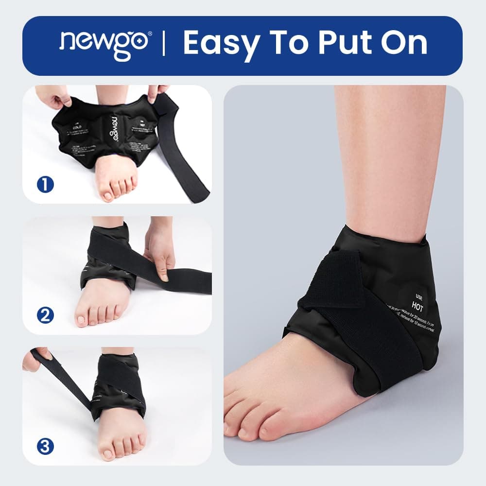 NEWGO Ankle Ice Pack Wrap for Swelling, Ice Pack for Ankle Injuires Reusable Hot Cold Therapy Gel Cold Pack for Sprained Ankles, Achilles Tendonitis - Black