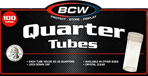 Edgar Marcus Coin Storage Tubes, Round Clear Plastic w/ Screw on Tops for Quarter (Quantity of 100 Tubes) - Made in The USA