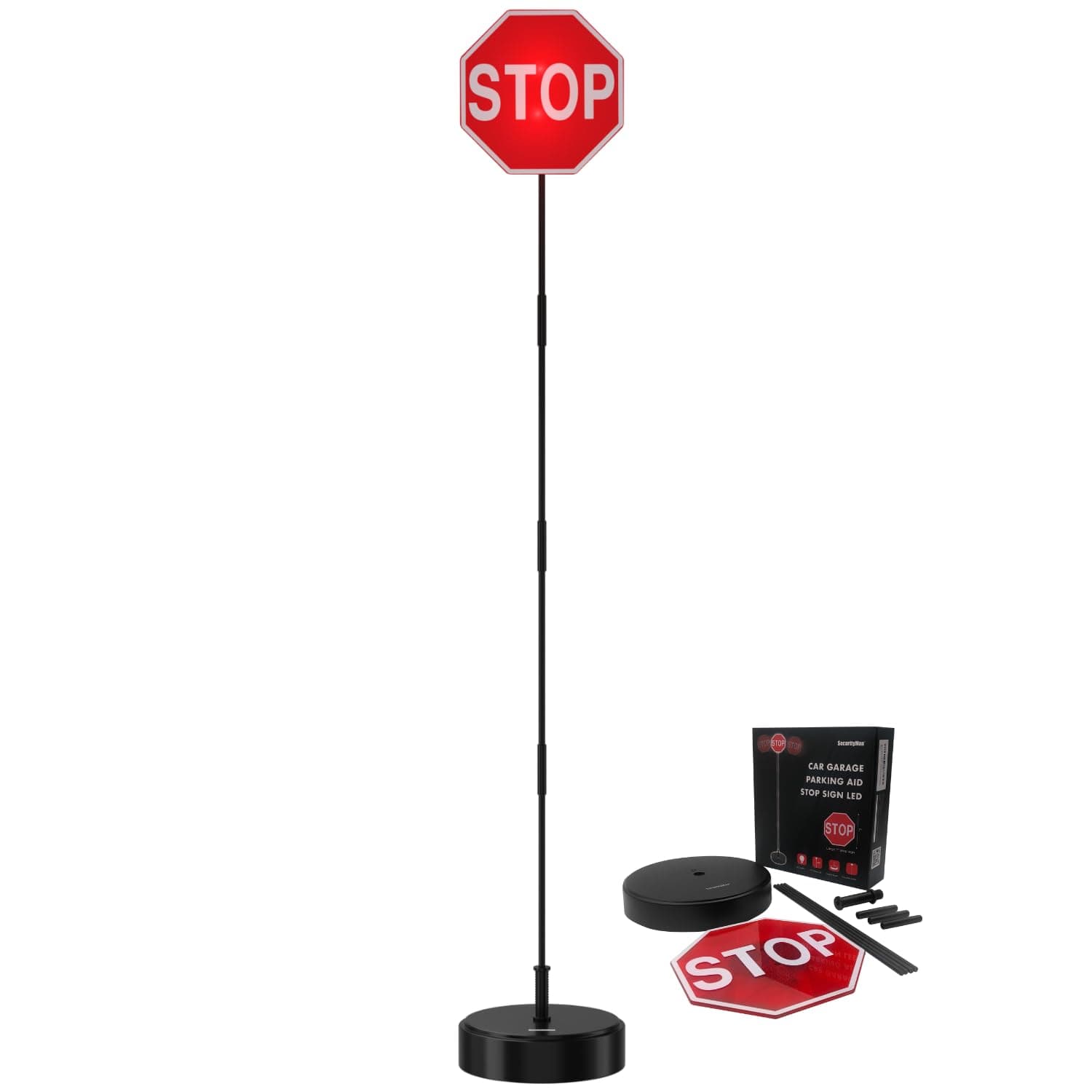 Securityman Garage Parking Aid with LED Stop Sign [Upgraded Base] – Large 7" Sign, Bright Red LEDs, Adjustable Height – Garage Car Stopper & Parking Assist Indicator