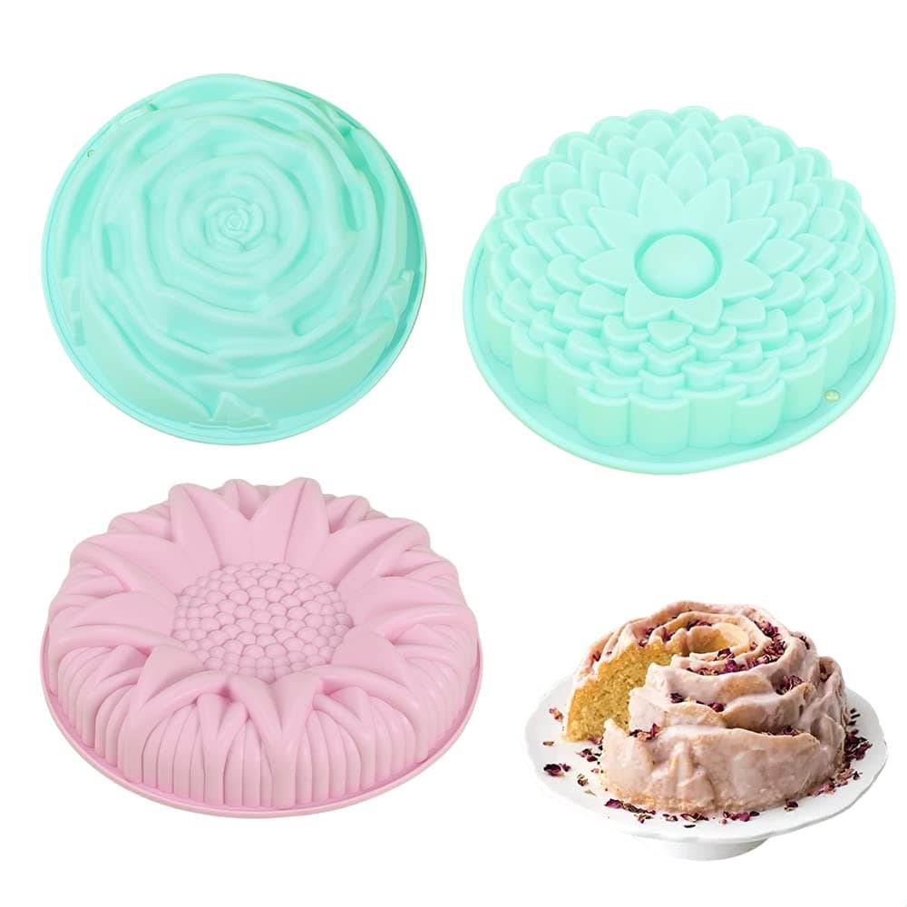 Owving 3 Pack Cake Pan Silicone Flower Shape Silicone Cake Bread Pie Flan Tart Molds Large Round 10in Sunflower Chrysanthemum Rose Shape for Cheesecake,Chocolate,Brownie,Jelly
