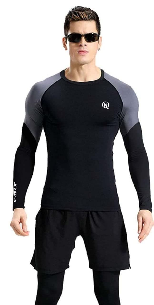 NEVER QUITMen�s Slim Fit Polyester Full Sleeve Grey Black T Shirt - Compression Tight Top Base Layer for Gym, Cycling, Running Other Sports (XX-Large, Grey-Black)
