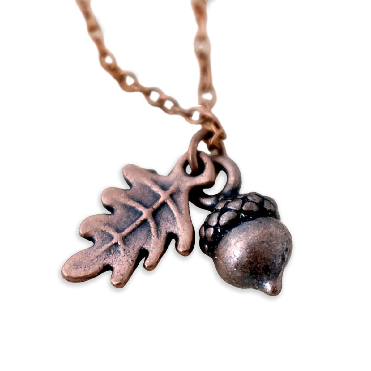 Tiny Copper Acorn Necklace - Cute Fall Acorn and Oak Leaf Charm Necklace