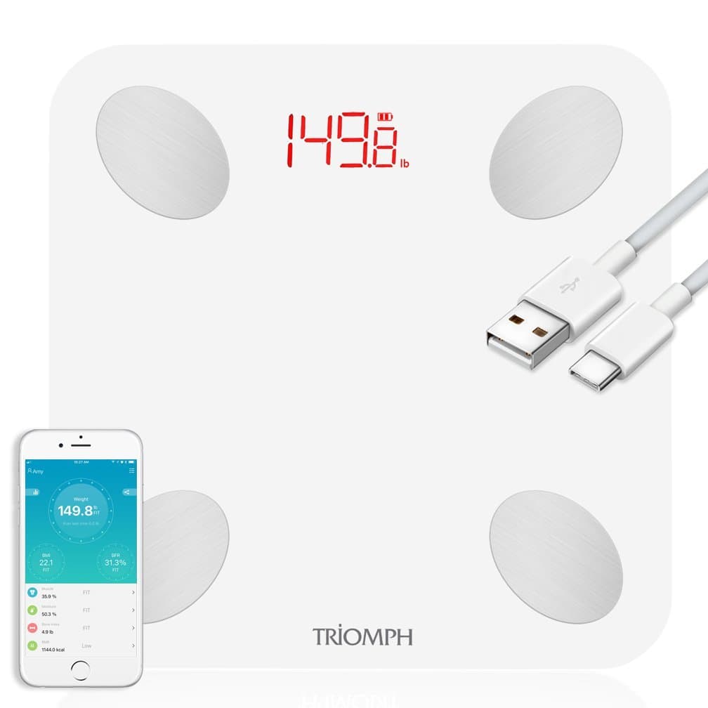 Rechargeable Smart Bluetooth Scale, USB Charging Body Fat Scale with IOS and Android App Digital Bathroom Scale for Weight, Body Fat, Water, Muscle, BMI, BMR, Bone Mass and Visceral Fat, White