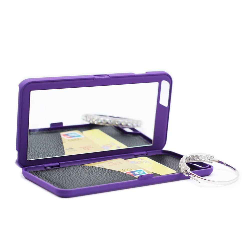 iPhone 7 Case- SUNYI iPhone 7 Mirror Case, Fashion Hidden Mirror Wallet Cover Card Slots Stand Feature Premium PU Leather Watering Grain PC Phone Back Cover Case for iPhone 7 (Purple)