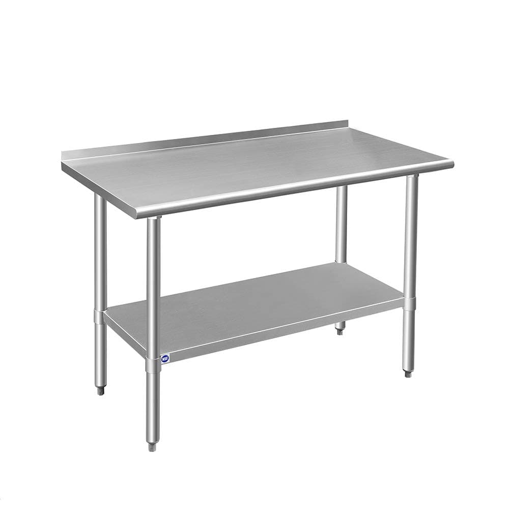 ROCKPOINT Stainless Steel Table for Prep & Work with Backsplash 24x48 Inches, NSF Metal Commercial Kitchen Heavy Duty Table with Adjustable Under Shelf and Table Foot for Restaurant, Home and Hotel