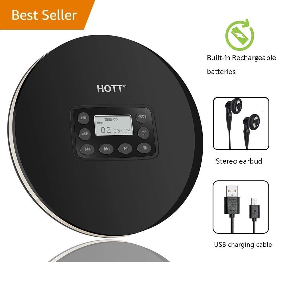 HOTT Portable CD Player, Compact Walkman CD Player, Personal Disc Music Player with Headphones, Anti-Skip Protection, USB Power Adapter, LCD Display