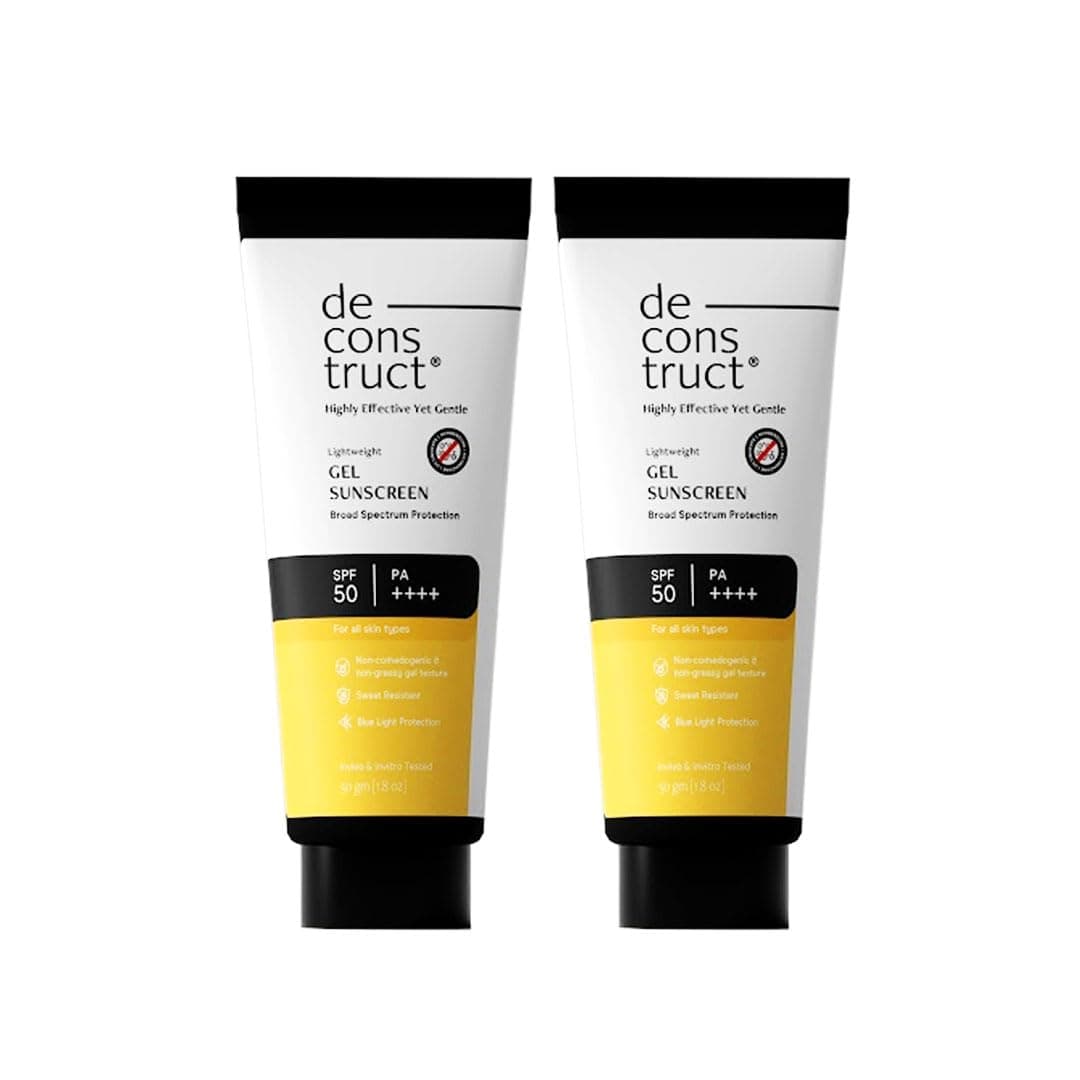 Deconstruct Face Gel Sunscreen SPF 50 + and PA+++ | Gel based sunscreen for oily, combination, acne prone & normal skin| Broad spectrum sunscreen, No White Cast, Lightweight - 50g each, pack of 2