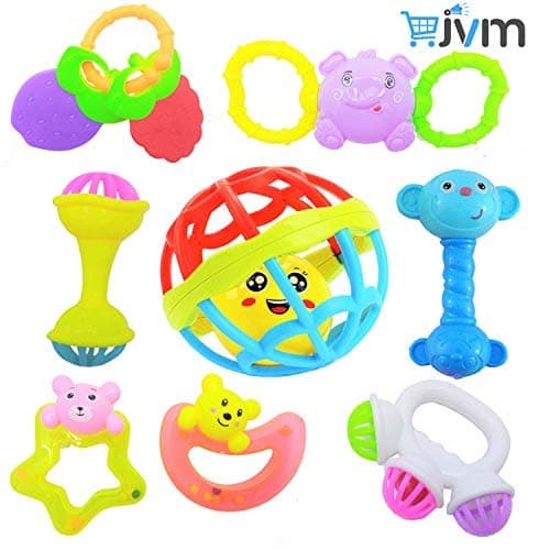 JVM Colorful Rattles and Teether for Babies (Multicolour) - Set of 8 Pieces