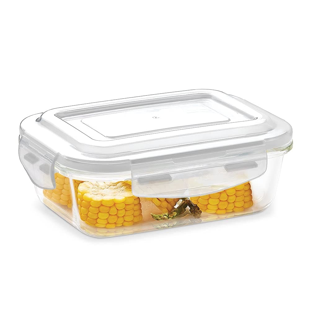 KLIP-N-STORE RECTANGULAR GLASS STORAGE CONTAINER WITH AIR TIGHT LID FOOD STORAGE CONTAINER MICROWAVE SAFE CONTAINER 1.04 LTR