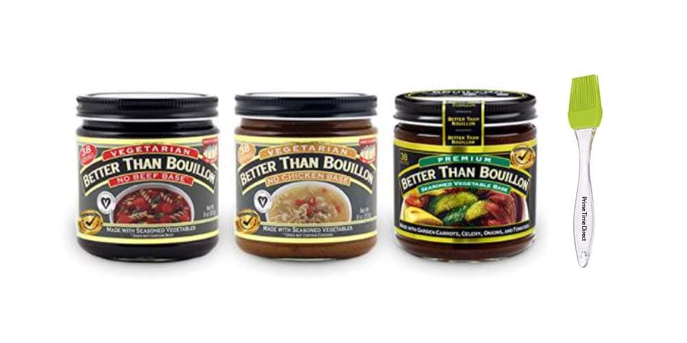 Better Than Bouillon Variety Pack- No Beef Base, No Chicken Base, & Vegetable Base 8oz jars (3 Pack; 1 each) Bundle with PrimeTime Direct Silicone Basting Brush in a PTD Sealed Bag