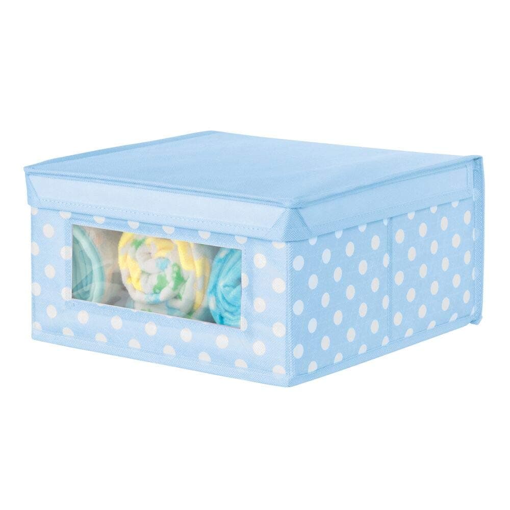 mDesign Soft Storage Box — Stackable Fabric Wardrobe Organiser with Viewing Window and Hinged Lid — Neat Storage Cube for a Tidy Home — Light Blue/White