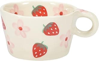 Ceramic Coffee Mug, Cute Creative Hand Printed Mug Design for Office and Home, 6.5 oz/200 ml for Latte Tea Milk (Strawberries and Flowers)