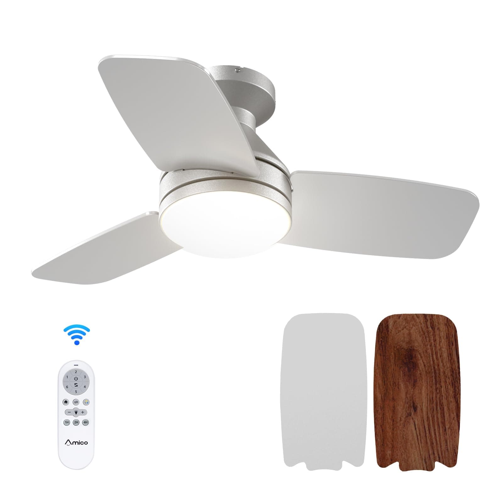 Amico Ceiling Fans with Lights, 30 Inch Low Profile Ceiling Fan with Light and Remote Control, Flush Mount, Reversible, 3CCT, Dimmable, Noiseless, Silver Ceiling Fan for Bedroom, Indoor/Outdoor Use