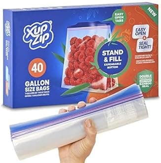 XupZip 2-in-1 Large Freezer Bags with Airtight & Leakproof Bamboo Seal – 4.55L (UK Gallon Size) Reusable Food Bag with Expandable Bottom – Heavy-Duty Zip-Lock Bags, 40 Pcs
