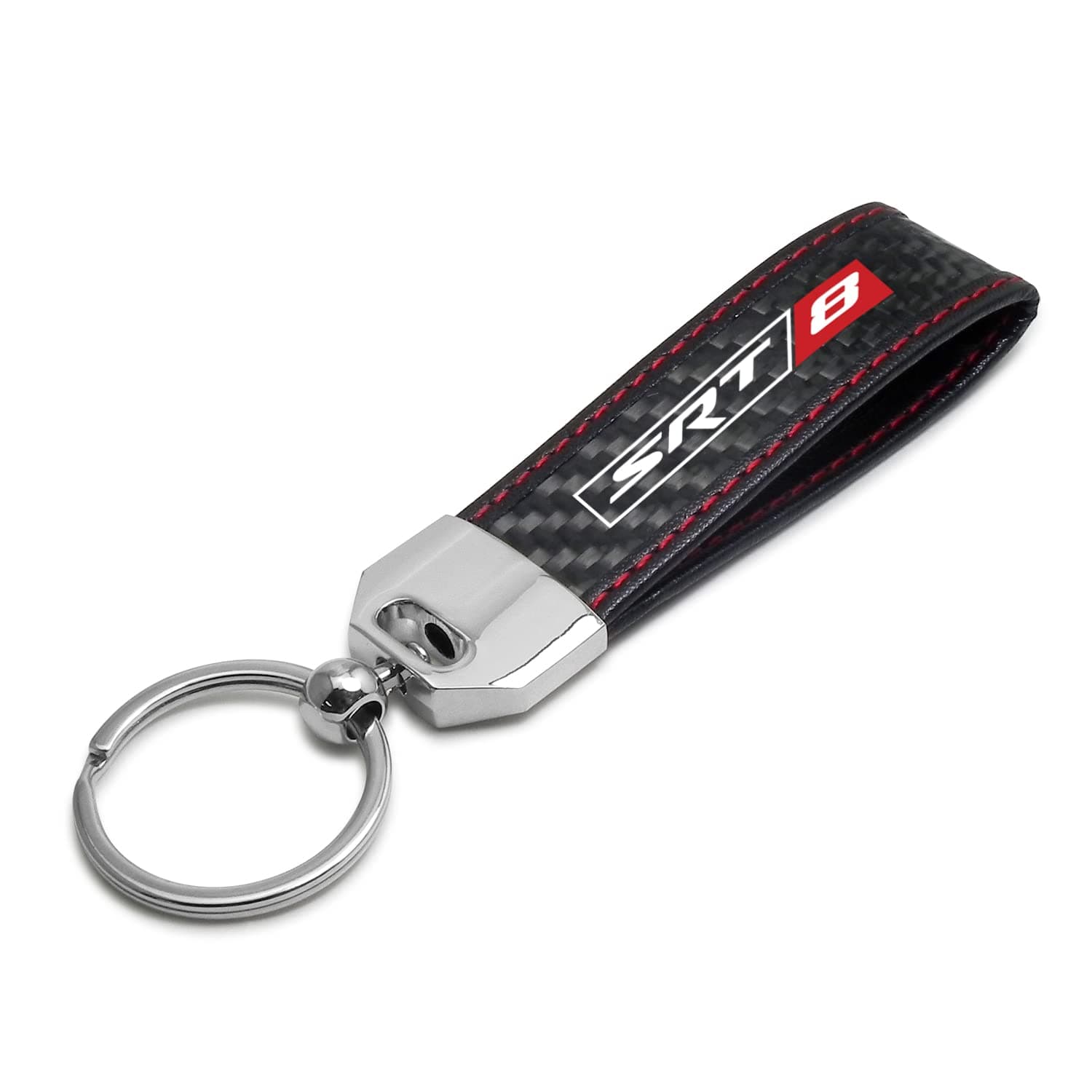 iPick Image Made for Dodge SRT-8 Logo Real Black Carbon Fiber Loop Strap Key Chain with Red Stitching