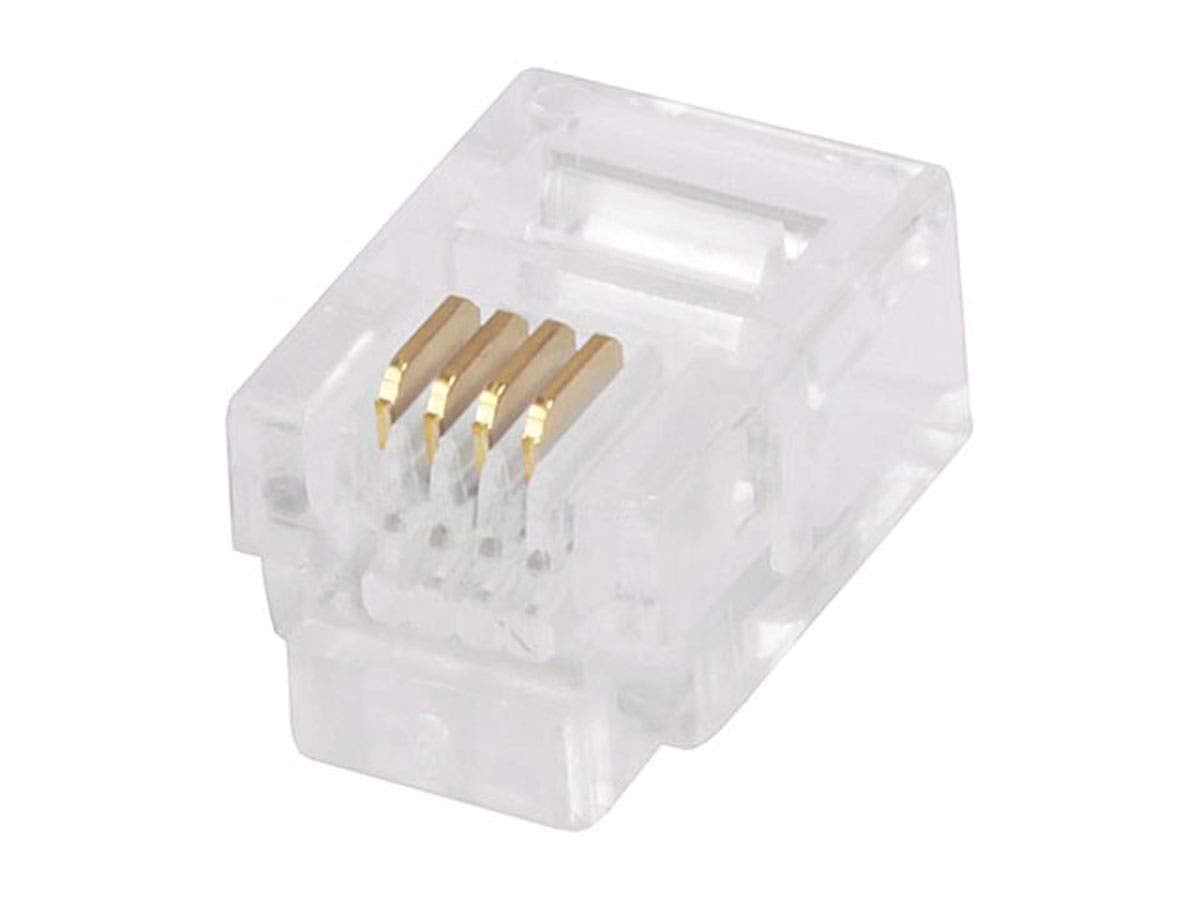 6P4C RJ11 Modular Plugs for Round Solid Cable - Crimp On, 1U, 3 Prongs, 4 Conductor, Clear, 50-Pack