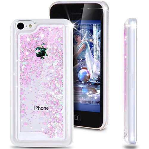 iPhone 5C Case, iPhone 5C [Bling Case], [Glitter Case] for iPhone 5C, Creative Design Flowing Glitter Floating Luxury Bling Glitter Sparkle Love Heart Hard Case for iPhone 5C,Love:Blue+Pink