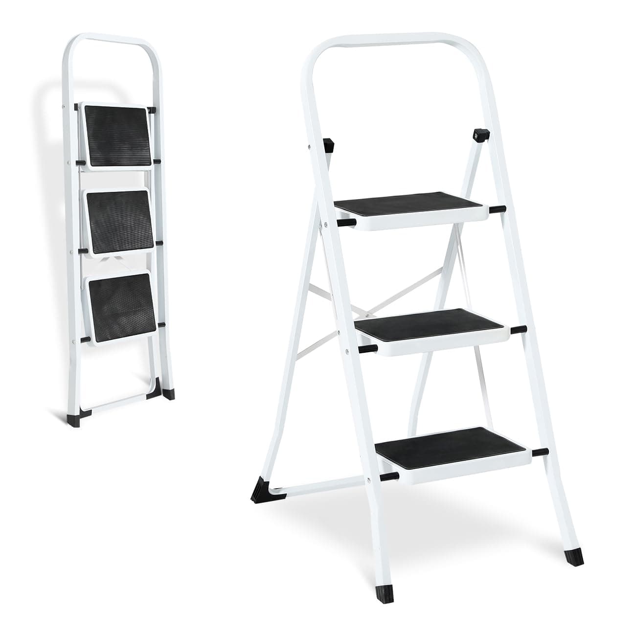 Double Elite Step Ladder 3 Step Folding with Handgrip, Sturdy 330Lbs Load Stylish Step Stools for Adults, Safer Folding Step Stool Ladder, Small 3 Step Ladder for Home with Anti-Slip Wide Pedals,White