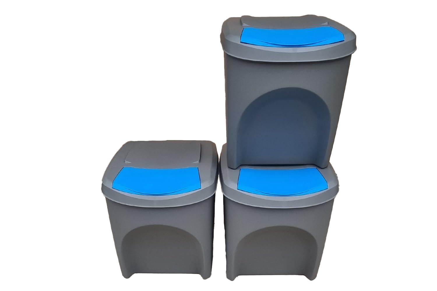 Large Stackable Recycling Bins Set of 3x25L (Brand KrysGo) - Customizable Lids with Recycling Stickers - Waste Sorting for Home, Kitchen, Office (Grey + Blue)