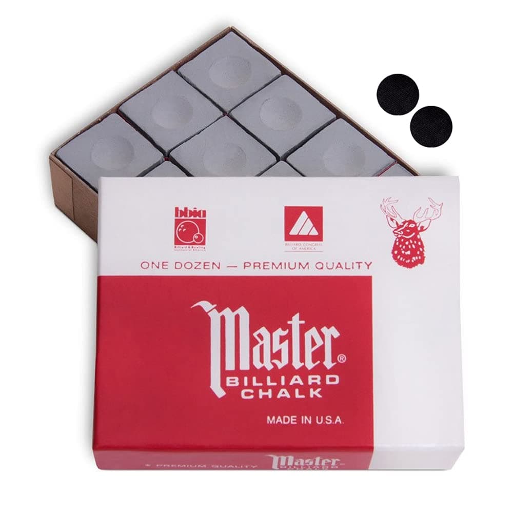 Master Billiard Pool Cue Chalk Premium Quality - 1 Dozen - Made in The USA + 2 pcs of Quality Billiard Pool Table Spots by Tweeten Fibre Co.