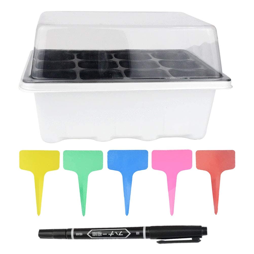 6 Set 12 cells Seed Starter Trays Growing Seedling Starter Trays Seedling Tray Kit with Lid and Base 20pcs Colorful T-type Tags 1 Black Marker Pen (12 cells, Black tray,White base and Transparent Lid)
