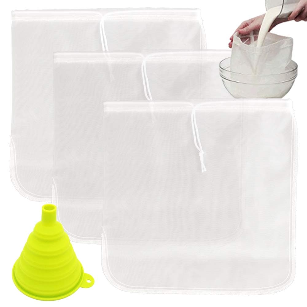 TIMGOU 3 Pack Nut Milk Bag with a Foldable Funnel, 12"x12" Reusable Almond Milk Strainer Fine Mesh Nylon Cheesecloth & Cold Brew Coffee Filter Multi-Purpose Food Strainer