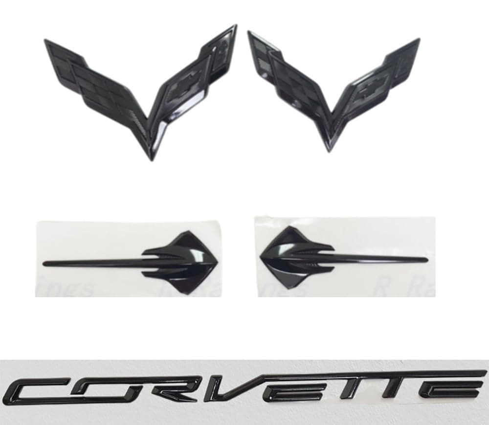5PC 2014-2019 Corvette C7 Front & Rear &Stingray Cross Flags Emblem 3D Badge Bumper Insert Letters Nameplate Sticker Decal Replacement for C7 (Gloss Black)