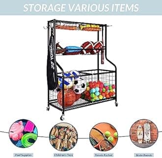 Fitvids Garage Sports Equipment Organizer, Garage Ball Storage, Sports Gear Storage, Garage Organizer with Baskets and Hooks, Rolling Sports Ball Storage Cart, Black, Steel