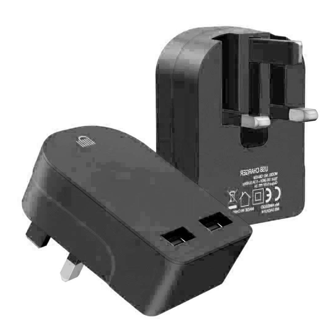 AMO Black Foldable Charger High-speed Dual USB wall adapter USB-A Ports Compact Travel Charger Compatible For iiPhone/i Pad/i Pod/Samsung Galaxy Tab/HTC/Tablet etc