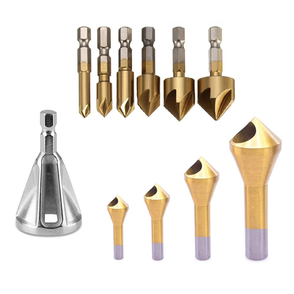 YWNYTExternal Chamfer Tool Stainless Steel Remove Burr Tools, 6pcs Countersink Drill Bit, 4 Piece Deburring Metal Wood Drill Bit Set, 90 Degree Center Punch Tool Sets for Wood Quick Change Bit
