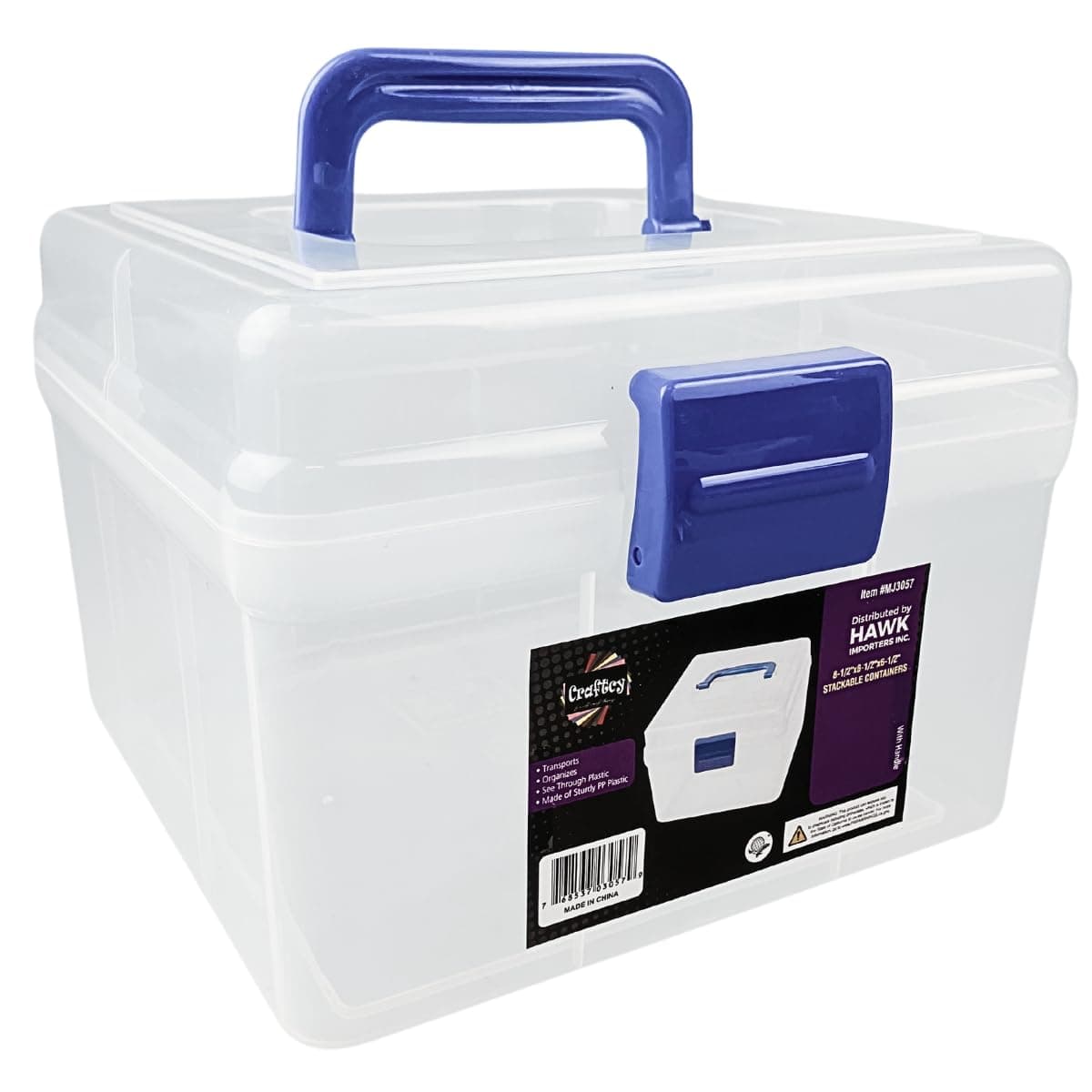8.25" x 8.25" x 6" (21 cm x 21 cm x 15.2 cm) Clear Plastic Storage Box | Blue Handle and Latch | Lightweight and Sturdy | Ideal for Beading, Crafting, and Hobbies