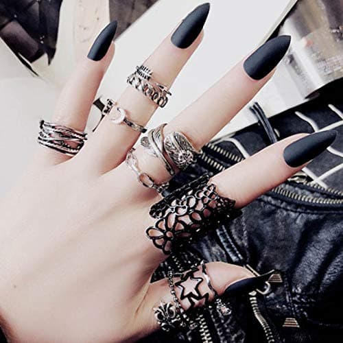 Sethexy Halloween 24Pcs Black Matte False Nails Solid Color Short Stiletto Fake Nail Full Cover Acrylic Stick on Nails for Women and Girls Nail Art