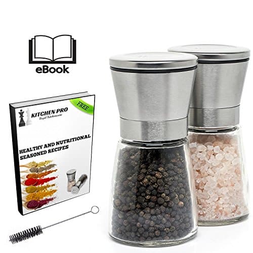 Salt and Pepper Grinder Set by Kitchen Pro -Premium Elegant Brushed Stainless Steel and Glass with Adjustable Ceramic Blade | Maintain Spice Freshness | FREE EBOOK & CLEANING BRUSH
