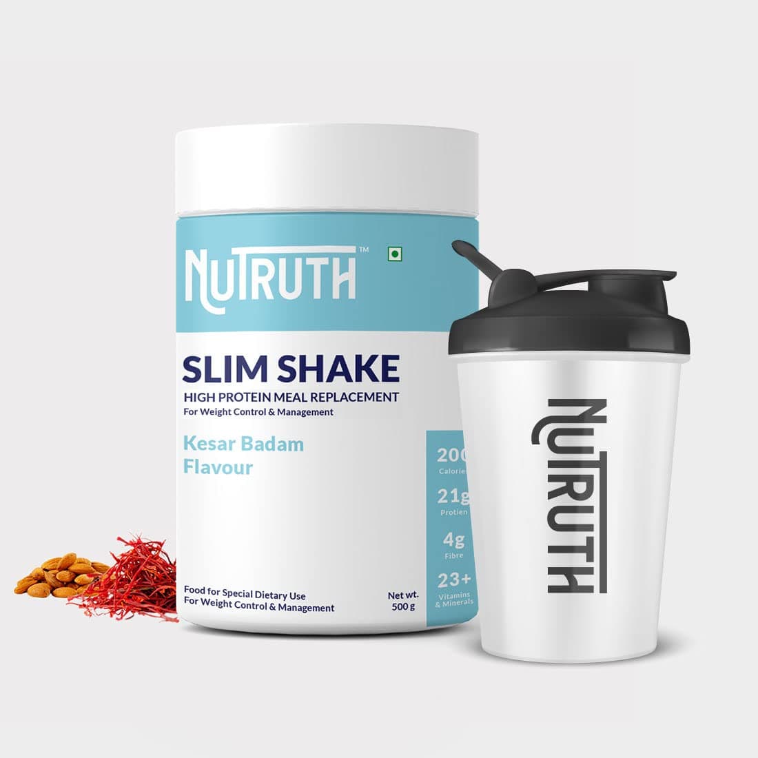 High Protein Meal Replacement Slim Shake + 500 Ml Shaker | 21 Gm Protein/Serving | Weight Control & Management Protein Shake (500 Gm) (Kesar Badam)