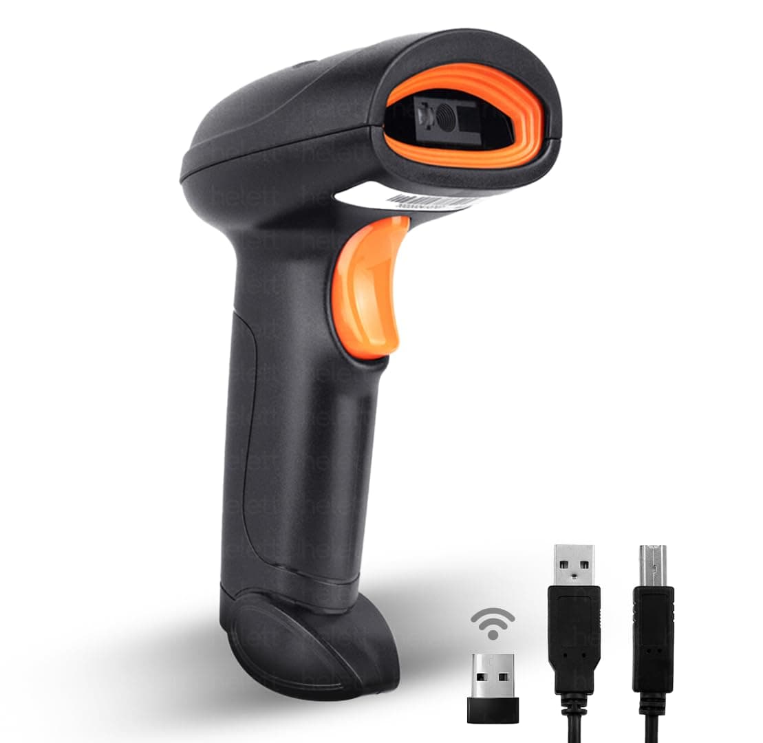 Helett® HT20™ Wireless 2.4GHz 2D & 1D Barcode Scanner (QR Code & Barcode) Wired & Wireless(Rechargeable) Connectivity | Induction Scanning with Built-in Illumination Light |Strong ABS(1-Year Warranty)