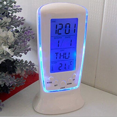 Mantavya Multi-Function Digital Thermometer LED Display Abstract Plastic Alarm Clocks with Backlight for Kids (White)