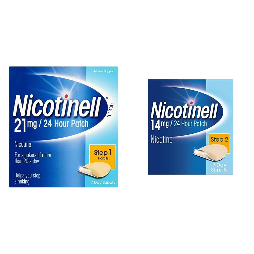 Nicotinell Nicotine Patch, Quit Smoking Aid Step 1, 24 Hour Patch, 21 mg, Pack of 7 & Nicotine Patch Stop Smoking Aid Step 2, 14 mg 24 Hour 7 Patches