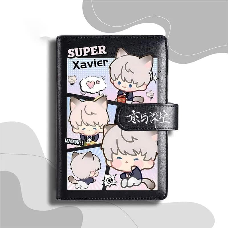 Xavier Love Deepspace Planner Journal - Black A6 PU Leather Binder with 80 Sheets (160 Pages) Grid Lines - Chibi Design for Fitness Daily Plans Fan Gifts - Zouven