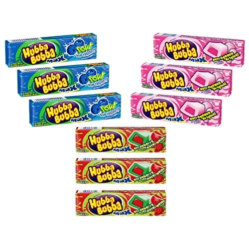 Hubba Bubba Max Bubble Gum - Variety Pack 3 Flavors (Total of 9 Packs of Gum) - Sour Blue Raspberry Bubble Gum - Strawberry Watermelon Bubble Gum - Outrageous Original Bubble Gum - 3 Packs of Each Juicy Flavor - 9 Packs of Gum in total - Fresh Candy - Queen Jax