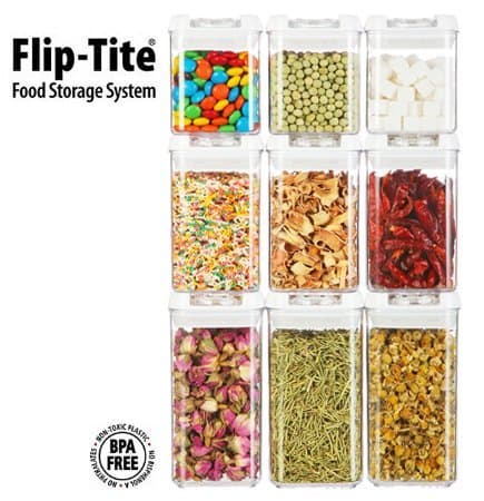 (Functional Storage Container)Flip-tite canister collection. Spice set. (9 pcs/set), Small portion storage, smart display your spices. (clear ring/square/3 size) Stackable. Unique condiment canisters.