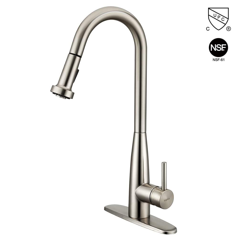 Commercial Kitchen Faucet with Pull Down Sprayer, KOPAIS 1-Handle High Arch Brushed Nickel Kitchen Sink Faucets, Single Lever Deck Mounted Stainless Steel cUPC
